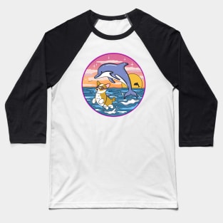 Cute Corgi Swimming With Dolphins Baseball T-Shirt